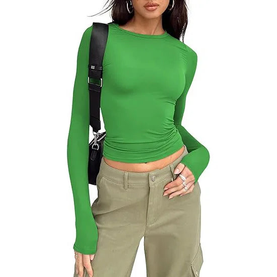 1pcs Four Seasons Fashion Senior Women T-shirt Long Sleeve Crew Neck Solid Slim Fit Tee Ladies Crop Top Daily Streetwear Camis